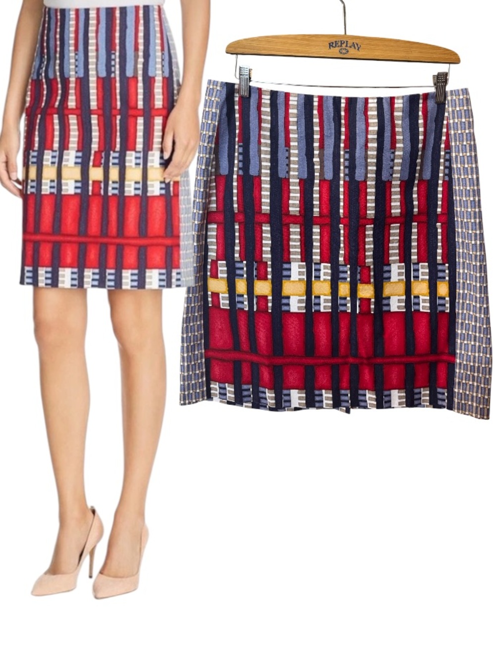 NIC+ZOE Santiago Hills Block Red and Blue Geometric Skirt Size 14